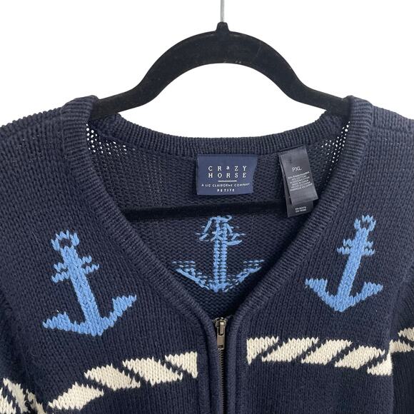 Vintage Crazy Horse Liz Claiborne Nautical Sailing Theme Cardigan Navy Petite XL - Picture 4 of 6